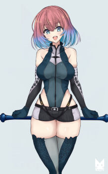 1girl bare_shoulders belt black_shorts blue_eyes blue_hair blush breasts commentary_request elbow_gloves gloves highleg highres kuon_(monster_strike) kurokage monster_strike multicolored_hair open_mouth pink_hair shoes short_hair shorts simple_background solo standing thick_thighs thighhighs thighs two-tone_hair