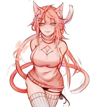 1girl :p animal_ears arms_behind_back blush bow breasts cat_ears cat_tail cleavage_cutout clothing_cutout commentary commission cowboy_shot elfboiii english_commentary highres kemonomimi_mode leg_warmers long_hair looking_at_viewer motion_blur original oversized_clothes panties pink_eyes pink_hair pink_sweater pink_theme sidelocks simple_background solo sweater tail tail_bow tail_ornament thigh_strap thighhighs toned toned_female tongue tongue_out underwear white_background white_leg_warmers zettai_ryouiki