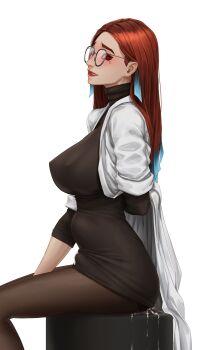 1girl absurdres black_pantyhose black_shirt blue_hair breasts colored_tips damonblackburn dildo dildo_riding from_side glasses highres large_breasts long_hair looking_at_viewer multicolored_hair open_mouth original pantyhose red_eyes red_hair sex_toy shirt sitting solo stomach_bulge teeth