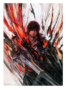 1boy absurdres armor aura beard_stubble black_cape black_hair border cape clive_rosfield commentary_request facial_hair final_fantasy final_fantasy_xvi fire glowing glowing_hand highres holding holding_sword holding_weapon looking_at_viewer magic:_the_gathering official_art solo stubble sword takahashi_kazuya weapon white_border