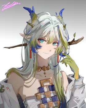 Rule 34 | 1girl, aqua eyes, arknights, bare shoulders, blonde hair, blue hair, chinese commentary, closed mouth, collarbone, colored extremities, commentary request, daihao1863, dragon girl, dragon horns, earrings, eyeliner, fingernails, gradient background, grey background, grey jacket, hair between eyes, hair intakes, hand in own hair, hand up, highres, horns, jacket, jewelry, light smile, long hair, long sleeves, looking at viewer, makeup, multicolored hair, necklace, off shoulder, orange eyeliner, pointy ears, portrait, shu (arknights), signature, solo, white background, white hair