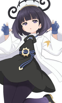 1girl :o absurdres belt belt_buckle black_dress black_hair black_shoes blunt_bangs bob_cut buckle coat dress ghost_pose gloves gwynn_(pokemon) hashtag-only_commentary hat highres ka2ya_aaa leg_up long_sleeves looking_at_viewer nintendo o-ring o-ring_belt open_clothes open_coat open_mouth pantyhose partially_fingerless_gloves pokemon pokemon_legends:_z-a purple_eyes purple_pantyhose shoes short_hair simple_background solo white_background white_coat