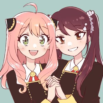 2girls :d aged_up ahoge anya_(spy_x_family) becky_blackbell black_dress brown_eyes brown_hair collared_shirt commentary double-parted_bangs dress eden_academy_school_uniform emirichu english_commentary fingernails green_background green_eyes grin hair_between_eyes hair_ornament hair_over_shoulder hairpods highres holding_hands interlocked_fingers long_hair long_sleeves looking_at_viewer multiple_girls neck_ribbon open_mouth pink_hair raised_eyebrows red_ribbon ribbon school_uniform shirt sidelocks simple_background smile spy_x_family tareme teeth tongue tsurime twintails upper_body upper_teeth_only white_shirt wide-eyed