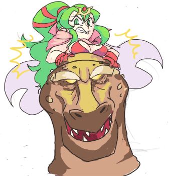 1girl bad_tag breasts cape cleavage clenched_teeth davewaterfalls dragon_girl fire_emblem fire_emblem_awakening gloves green_eyes green_hair large_breasts nintendo parody pointy_ears ponytail simple_background sweat teeth tiara tiki_(fire_emblem) tiki_(young)_(fire_emblem) yu-gi-oh!