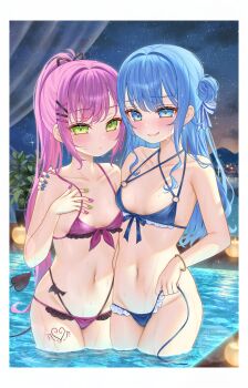 2girls absurdres arm_around_shoulder bikini blue_bikini blue_eyes blue_hair border breasts cleavage commentary_request criss-cross_halter demon_girl demon_tail double-parted_bangs dusk ebihurai green_eyes grin hair_between_eyes hair_bun hair_ornament hairclip halterneck highres hololive hoshimachi_suisei leg_tattoo long_hair looking_at_viewer multi-strapped_bikini_bottom multi-strapped_bikini_top multiple_girls nail_polish navel open_clothes outdoors pink_hair ponytail pool purple_bikini purple_hair side_up_bun sidelocks single_hair_bun sky small_breasts smile star_(symbol) star_in_eye string_bikini swimsuit symbol_in_eye tail tattoo tokoyami_towa untied_bikini virtual_youtuber wading wet white_border winged_heart winged_heart_tattoo x_hair_ornament