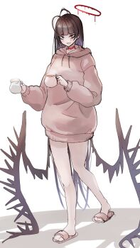 1girl antenna_hair black_hair blood blood_halo blue_archive cup halo highres holding holding_cup hood hoodie komena_(shinyday312) liquid_halo long_hair looking_at_viewer low_wings mug pink_hoodie red_eyes sandals simple_background solo standing tsurugi_(blue_archive) white_background wings