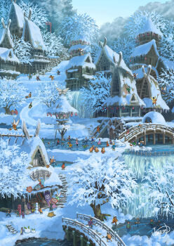 6+boys 6+girls bridge building day fantasy fishing fishing_rod flareon flying forest gen_1_pokemon highres holding multiple_boys multiple_girls nature original outdoors pikachu pokemon pokemon_(creature) psyduck railing river scarf scenery signature sitting sky snow snowman stairs standing tree water waterfall winter winter_clothes yukoiwase