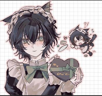 1boy animal_ear_fluff animal_ears apron bandaid bandaid_on_finger bandaid_on_hand black_dress black_hair bow box box_of_chocolates cat_ears cat_tail chibi chibi_inset collared_dress crossdressing crossdressing_(mtf) degrees_of_lewdity dress freesia_quan frilled_apron frills green_bow green_eyes hair_between_eyes highres holding holding_box juliet_sleeves kemonomimi_mode kylar_(degrees_of_lewdity) kylar_(male)_(degrees_of_lewdity) long_sleeves maid maid_headdress male_focus portrait puffy_sleeves short_hair sleeves_past_wrists smile solo tail