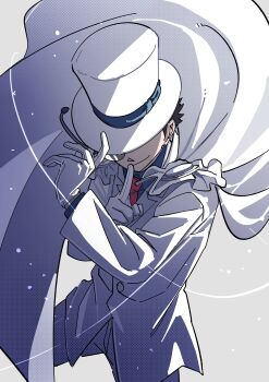 1boy absurdres blue_shirt cape commentary_request finger_to_mouth floating_clothes gloves hat hat_over_eyes highres jacket kaitou_kid magic_kaito male_focus monocle pnpk_1013 shirt short_hair shushing smile solo white_cape white_gloves white_hat white_jacket