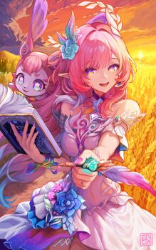 1girl bare_shoulders barine breasts commentary_request cyrene_(honkai:_star_rail) cyrene_(ripples_of_past_reverie)_(honkai:_star_rail) diamond-shaped_pupils diamond_(shape) dress earrings flower hair_flower hair_ornament highres honkai:_star_rail honkai_(series) jewelry long_hair looking_at_viewer medium_breasts mem_(honkai:_star_rail) orange_sky pink_hair purple_eyes sky smile sunset symbol-shaped_pupils very_long_hair wheat wheat_field white_dress