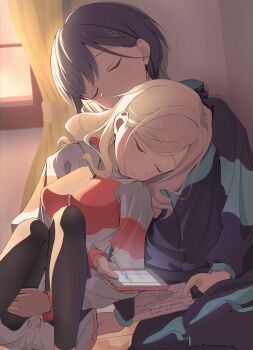 2girls absurdres aqua_jacket aqua_pants black_pantyhose ceras_yanagida_lilienfeld closed_eyes commentary_request edel_note grey_hair grey_shorts hair_ornament highres holding holding_notebook holding_phone indoors jacket jellyfish_cut katsuragi_izumi link!_like!_love_live! long_hair long_sleeves love_live! morio_(mmorio_mu) multiple_girls notebook orange_jacket pants pantyhose pantyhose_under_shorts phone shorts sitting sleeping sleeping_on_person sleeping_upright track_jacket track_pants triangle_hair_ornament virtual_youtuber yokozuwari