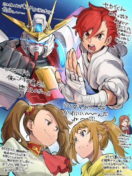 1boy 3girls ascot bandaged_hand bandages blue_eyes breasts brown_eyes brown_hair chanmura clenched_hand collared_shirt glowing glowing_eyes green_eyes grey_shirt gundam gundam_build_fighters gundam_build_fighters_try highres hoshino_fumina kamiki_mirai kamiki_sekai looking_down looking_up mecha medium_breasts mobile_suit multiple_girls open_mouth ponytail red_ascot red_hair robot sazaki_kaoruko shirt smile smug sparkle translation_request try_burning_gundam twintails v-fin v-shaped_eyebrows