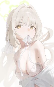 1girl absurdres bare_shoulders blue_archive bow bra braid breasts cleavage collarbone commentary_request green_halo grey_hair hair_between_eyes hair_ribbon halo highres long_hair medium_breasts miyo_(blue_archive) ribbon ribbon_braid risuuuu shirt simple_background solo underwear undressing very_long_hair wavy_hair white_background white_bow white_bra white_ribbon white_shirt yellow_eyes