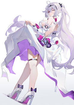 Rule 34 | 1girl, ;o, absurdres, ahoge, asc11, blue eyes, breasts, chinese commentary, commentary request, diamond-shaped pupils, diamond (shape), dress, dress tug, from behind, high heels, high ponytail, highres, honkai (series), honkai impact 3rd, kiana kaslana, kiana kaslana (herrscher of finality), large breasts, long hair, looking at viewer, one eye closed, ponytail, simple background, solo, symbol-shaped pupils, thigh strap, thighs, very long hair, white background, white dress, white hair