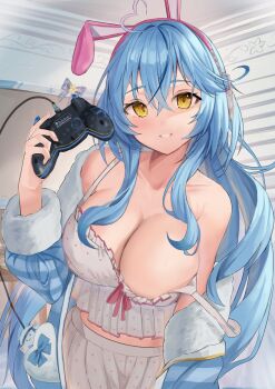 1girl ahoge animal_ear_headphones animal_ears aqua_jacket bare_shoulders blue_hair blush breasts camisole cleavage collarbone commentary_request controller daifuku_(yukihana_lamy) elf fake_animal_ears fluffy_clothes fur-trimmed_jacket fur-trimmed_sleeves fur_trim game_controller hair_between_eyes hair_ornament headphones heart heart_ahoge highres holding holding_controller holding_game_controller hololive indoors jacket large_breasts long_hair long_sleeves midriff mugicho_(kdks5554) official_alternate_costume partially_unzipped pointy_ears polka_dot polka_dot_camisole polka_dot_skirt skirt sleepwear solo teeth very_long_hair virtual_youtuber white_camisole white_skirt yellow_eyes yukihana_lamy yukihana_lamy_(roomwear)