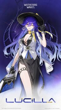 1girl absurdres bag black_dress black_gloves black_hat breasts character_name cleavage commentary copyright_notice dress earrings english_commentary gloves gradient_hair hair_between_eyes hat highres holding holding_bag jacket jewelry large_breasts logo long_hair looking_at_viewer lucilla_(wuthering_waves) mole mole_under_eye multicolored_hair official_art one_eye_closed parted_lips purple_eyes purple_hair smile solo thighs white_jacket wuthering_waves