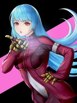 1girl black_background blue_hair blunt_bangs bodysuit breasts chaps covered_navel cowboy_shot gloves hand_on_own_hip hand_up highres kula_diamond kurone_rinka long_hair looking_at_viewer open_mouth pink_background red_eyes revision solo the_king_of_fighters the_king_of_fighters_2000 two-tone_background very_long_hair