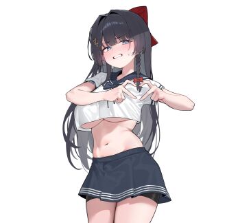 1girl absurdres bike_shorts black_hair black_sailor_collar black_skirt blue_eyes blush bow braid breasts clenched_teeth commentary_request cowboy_shot crop_top crop_top_overhang frown hair_bow hair_ornament heart heart_hair_ornament heart_hands highres korean_commentary large_breasts long_hair looking_at_viewer midriff miniskirt navel nose_blush sailor_collar sangobob school_uniform serafuku shirayuki_hina shirt short_sleeves shorts shorts_under_skirt simple_background skirt solo standing stellive stomach sweat teeth underboob v-shaped_eyebrows virtual_youtuber white_background white_shirt