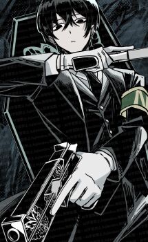 1boy armband black_coat black_eyes black_hair black_jacket black_necktie black_pants closed_mouth coat collared_shirt commentary dual_wielding e.g.o_(project_moon) fujiendou gloves green_armband gun handgun highres holding holding_gun holding_weapon jacket limbus_company lobotomy_corporation_(identity)_(project_moon) long_sleeves necktie pants project_moon shirt solemn_lament_(e.g.o) solo symbol-only_commentary weapon white_gloves white_shirt yi_sang_(project_moon)