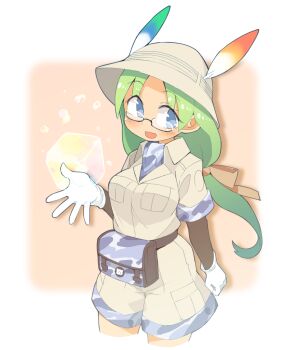 1girl :d blue_eyes blush border breasts brown_ribbon brown_shirt brown_shorts collared_shirt commentary_request cropped_legs glasses gloves green_hair hair_ribbon hand_up hat highres ini_(inunabe00) kemono_friends long_hair looking_at_viewer low-tied_long_hair medium_breasts mirai_(kemono_friends) open_mouth orange_background outside_border parted_bangs ribbon shirt short_sleeves shorts smile solo white_border white_gloves white_hat