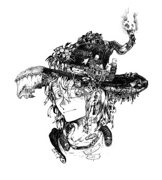 Rule 34 | 1girl, absurdres, alternate headwear, bow, braid, closed mouth, flower, greyscale, hair between eyes, hair bow, hat, hat bow, hat flower, hat ornament, hat ribbon, highres, kirisame marisa, leaf hat ornament, looking at viewer, monochrome, portrait, ribbon, shou-star, simple background, single braid, solo, touhou, witch hat
