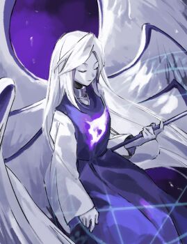 Rule 34 | 1other, angel, angel wings, closed eyes, colored skin, commentary request, dress, flat chest, highly responsive to prayers, highres, holding, holding wand, kaigen 1025, long hair, long sleeves, looking ahead, multiple wings, purple dress, purple theme, seraph, shirt, solo, touhou, touhou (pc-98), very long hair, wand, white hair, white shirt, white skin, wings