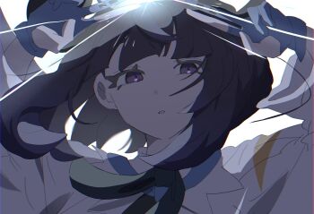 1girl black_dress black_hair blue_gloves blunt_bangs bob_cut coat dress gloves glowing gradient_hair gwynn_(pokemon) hat highres long_sleeves looking_at_viewer mega_stone multicolored_hair nintendo open_clothes open_coat open_mouth parted_lips partially_fingerless_gloves pokemon pokemon_legends:_z-a purple_eyes purple_hair seiun_(hoshigumo_72) short_hair solo upper_body white_coat zoom_layer