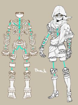 1boy claws colored_sclera full_body grey_background highres hood hood_up hyrule_warriors:_age_of_imprisonment knee_pads link long_hair looking_at_viewer male_focus mask mouth_mask nintendo parted_bangs red_eyes sidelocks solo standing the_legend_of_zelda the_legend_of_zelda:_tears_of_the_kingdom tunic yamiochirink yellow_sclera