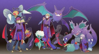 3boys beedrill blonde_hair blue_eyes commentary_request crobat crossover epel_felmier feeding food fruit funuyu gen_1_pokemon gen_2_pokemon gen_3_pokemon gen_4_pokemon gen_7_pokemon gradient_background green_eyes gulpin highres holding holding_food holding_fruit holding_poke_ball looking_at_viewer male_focus multiple_boys nidoking nintendo poke_ball pokemon pokemon_(creature) purple_background purple_eyes purple_hair purple_robe robe rook_hunt roserade salazzle seviper short_hair simple_background twisted_wonderland vil_schoenheit