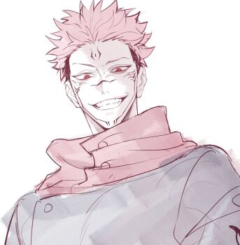 Rule 34 | 1boy, commentary request, evil grin, evil smile, extra eyes, facial tattoo, forehead tattoo, four eyes, grin, hood, hooded jacket, jacket, jujutsu kaisen, jujutsu tech uniform, kan (forest kan), korean commentary, looking at viewer, male focus, pink hair, red eyes, red hood, ryoumen sukuna (jujutsu kaisen), short hair, simple background, smile, solo, tattoo, teeth, undercut, white background