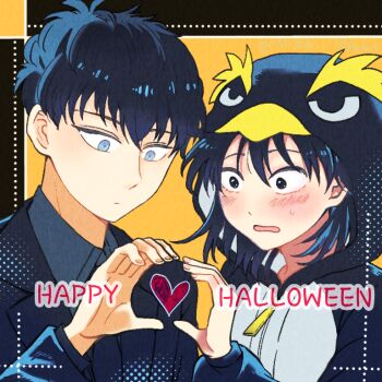 1boy 1girl animal_costume animal_hood black_eyes black_hair black_jacket black_necktie blue_eyes blush closed_mouth collared_shirt commentary_request expressionless flustered futsuu_no_keion-bu halloween hatono_chihiro heart heart_hands heart_hands_duo heart_in_heart_hands hood hood_up jacket mi3aki_72kaka9 mizuo_haruichi necktie official_alternate_costume penguin_costume penguin_hood shirt short_hair suit_jacket upper_body