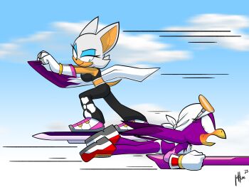 absurdres blush commission gloves highres hoverboard panties pants qqlettuce rouge_the_bat sonic_(series) sonic_riders_(series) stealing_clothes sunglasses_on_head underwear wave_the_swallow