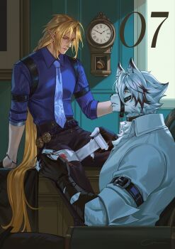 2boys animal_ear_fluff animal_ears bandaged_leg bandages bicep_strap black_gloves blonde_hair blue_necktie body_fur bracelet clock colored_tips commentary crovius ear_piercing english_commentary eye_contact fingerless_gloves from_side furry furry_male furry_with_non-furry gloves grey_eyes hair_between_eyes hand_on_another&#039;s_face heterochromia highres hugo_vlad indoors injury interspecies jewelry long_hair looking_at_another mole mole_under_eye multicolored_hair multiple_boys muzzle_(mask) necktie painting_(object) piercing pointy_ears purple_shirt red_eyes shirt short_hair sitting sleeves_rolled_up von_lycaon wall_clock white_fur white_hair white_shirt wolf_boy wolf_ears yaoi zenless_zone_zero