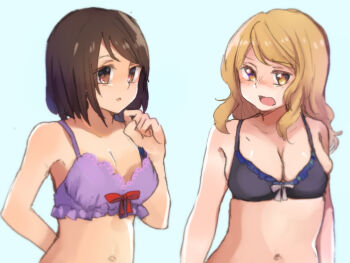 2girls arm_behind_back black_bra blonde_hair bra breast_envy breasts breasts_squeezed_together brown_eyes brown_hair cosplay costume_switch curious frilled_bra frills maribel_hearn medium_breasts multiple_girls navel purple_bra shukinuko small_breasts touhou underwear upper_body usami_renko yellow_eyes