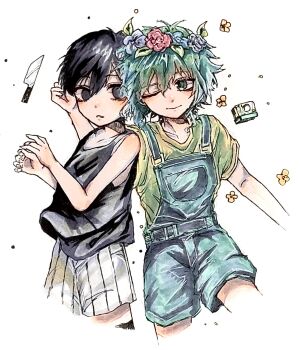 2boys alternate_skin_color antenna_hair baikinnigou basil_(headspace)_(omori) basil_(omori) black_eyes black_hair black_tank_top black_thighhighs blue_overalls camera closed_mouth collarbone commentary_request double-parted_bangs flower flower_wreath green_eyes green_hair green_shirt hair_between_eyes head_wreath highres knife looking_at_another looking_at_viewer male_focus multiple_boys omori omori_(omori) overall_shorts overalls shirt short_hair short_sleeves shorts sidelocks simple_background striped_clothes striped_shorts t-shirt tank_top thighhighs traditional_media vertical-striped_clothes vertical-striped_shorts white_background white_shorts