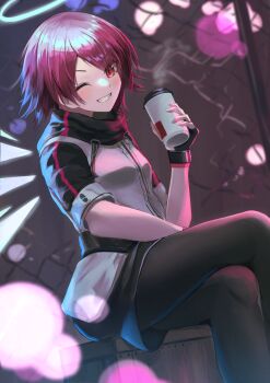 1girl arknights belt black_gloves black_pantyhose black_skirt blush box chinese_commentary commentary_request crossed_legs cup detached_wings disposable_cup energy_wings exusiai_(arknights) eyes_visible_through_hair fingerless_gloves from_side gloves grin hair_over_one_eye halo highres holding holding_cup jacket long_sleeves looking_at_viewer looking_to_the_side on_box one_eye_closed pantyhose parted_lips penguin_logistics_logo red_eyes red_hair short_hair sitting sitting_on_box skirt smile solo suzushi_moruto white_jacket wings