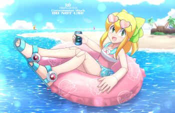 1girl :d absurdres android artist_name bare_arms bare_legs bare_shoulders beach bird blonde_hair blue_sandals blue_skirt blue_sky blurry boat boulder bow breasts can cloud cloudy_sky collarbone commentary commission day depth_of_field drink_can energy_tank english_commentary eyewear_on_head fingernails green_bow green_eyes hair_between_eyes hair_bow hair_ornament heart heart-shaped_eyewear highres holding holding_can horizon innertube joints knees_up lens_flare long_hair looking_at_viewer mega_man_(classic) mega_man_(series) mega_man_x_(series) mega_man_x_dive miniskirt non-circular_lens_flare ocean official_alternate_costume one-piece_swimsuit open_mouth outdoors palm_tree pink-tinted_eyewear pink_one-piece_swimsuit pleated_skirt polka_dot polka_dot_skirt ponytail print_innertube rob_(robarts) robot robot_girl robot_joints roll_(mega_man) sailboat sandals seagull sidelocks single_horizontal_stripe sitting skirt sky small_breasts smile solo sunglasses swim_ring swimsuit tinted_eyewear toenails toes tree watercraft watermark