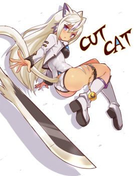 1girl animal_ears ass blue_eyes boots breasts cougar_(cougar1404) cropped_jacket cut_cat from_behind grey_boots long_hair looking_at_viewer looking_back original panties shiny_clothes shiny_skin sideboob solo tail tail_blade underwear very_long_hair wedgie white_hair