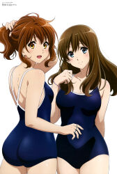 Rule 34 | 2girls, :d, absurdres, ass, back, bare legs, bare shoulders, blue eyes, blue one-piece swimsuit, blush, breasts, brown hair, closed mouth, collarbone, eyelashes, fluffy hair, from behind, hair between eyes, hair tie, hibike! euphonium, highres, kadowaki miku, kuroe mayu, large breasts, long hair, looking at viewer, looking back, magazine scan, medium breasts, medium hair, megami magazine, multiple girls, official art, one-piece swimsuit, open mouth, orange eyes, oumae kumiko, ponytail, scan, school swimsuit, simple background, smile, spaghetti strap, swimsuit, thighs, white background