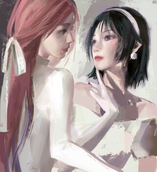 Rule 34 | 2girls, alien stage, anirrie, black hair, commentary, earrings, gloves, hair ribbon, hairband, half updo, hashtag-only commentary, highres, jewelry, long hair, mizi (alien stage), multiple girls, pink hair, purple eyes, ribbon, short hair, sphere earrings, sua (alien stage), white gloves, white hairband, white ribbon