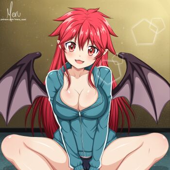 1girl arm_support artist_request bare_legs bat_wings blush breast_press breasts buruma cameltoe cleavage demon_girl eyes_visible_through_hair fang female_focus gym_uniform indoors itadaki!_seieki jacket large_breasts long_hair looking_at_viewer meru_rumi naughty_face open_mouth pointy_ears red_eyes red_hair setogaya_mari shiny_skin sitting smile solo spread_legs wings