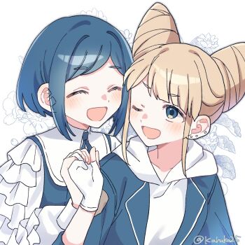 2girls :d ;d blonde_hair blue_eyes blue_hair closed_eyes collared_shirt commentary_request cone_hair_bun double_bun floral_background frilled_shirt frilled_sleeves frills fukurai_azami gloves hair_bun highres holding_hands hood hood_down hoodie jasmine_(toshi_densetsu_kaitai_center) kahuka25 long_sleeves looking_at_another multiple_girls one_eye_closed open_mouth shirt short_hair smile toshi_densetsu_kaitai_center upper_body white_gloves
