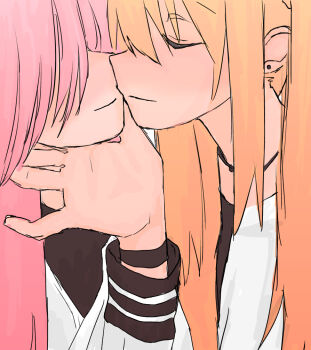 2girls blonde_hair bocchi_the_rock! cable_tie closed_mouth commentary_request gotoh_hitori ijichi_nijika imminent_kiss long_hair mentos_pepsi multiple_girls pink_hair shirt smile white_shirt yuri