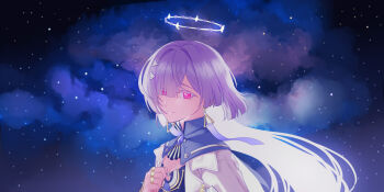 closed_mouth colored_eyelashes commentary earrings from_side grey_hair hair_ornament halo hand_up highres jacket jewelry long_hair looking_at_viewer looking_to_the_side mornye_(wuthering_waves) portrait psym_2cha purple_sky red_eyes sky smile space star_(sky) starry_sky symbol-only_commentary triangle_earrings turning_head white_jacket wuthering_waves