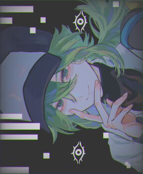 Rule 34 | 1boy, arm up, baseball cap, black shirt, cinn a0, closed mouth, crossed bangs, double-parted bangs, green eyes, green hair, hand on own face, hashtag-only commentary, hat, highres, long hair, male focus, n (pokemon), nintendo, open clothes, open shirt, pokemon, pokemon bw, ponytail, shirt, sideways, smile, solo, upper body, white shirt