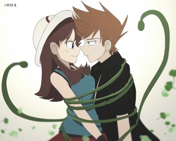 Rule 34 | 1boy, 1girl, ahoge, aqua shirt, armpit crease, arms at sides, bare arms, bare shoulders, blue eyes, blue oak, breast press, breasts, brown hair, bulbasaur, captured, collared shirt, couple, eyelashes, face-to-face, falling leaves, from side, gen 1 pokemon, gradient background, green (pokemon), green eyes, hat, imminent kiss, leaf, leaf (pokemon) (cosplay), long hair, medium breasts, medium hair, neck, nintendo, noses touching, official alternate costume, orange hair, outdoors, plant, pleated skirt, pokemon, pokemon (creature), pokemon adventures, porkpie hat, profile, purrrloin, red skirt, seductive smile, shirt, short sleeves, sidelocks, skirt, sleeveless, sleeveless shirt, smile, smirk, spiked hair, unamused, v-shaped eyebrows, vine whip, vines, wrist cuffs