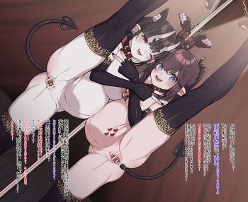 2girls belly-to-belly black_gloves black_thighhighs blue_eyes breasts brown_hair censored chain character_request collar commentary_request demon_horns elbow_gloves eriko_(princess_connect!) fukiko_(can_of_miso) gloves happy highres horns large_breasts long_hair looking_at_viewer multiple_girls nipples nude open_mouth pregnancy_mark pregnant princess_connect! pussy red_eyes short_hair simple_background standing tattoo teeth thighhighs translation_request upper_teeth_only v