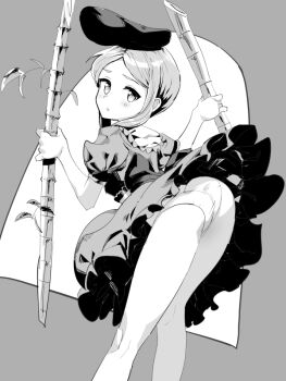 1girl ass bamboo blush commentary_request dress from_behind greyscale hat looking_at_viewer looking_back monochrome open_mouth panties pantyshot polpol solo tate_eboshi teireida_mai touhou underwear