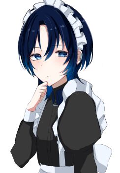 Rule 34 | 1girl, absurdres, apron, black dress, blue eyes, blue hair, dress, earclip, highres, hiodoshi ao, hololive, hololive dev is, kurumi (user hzdh4322), maid apron, maid headdress, simple background, solo, virtual youtuber, white background