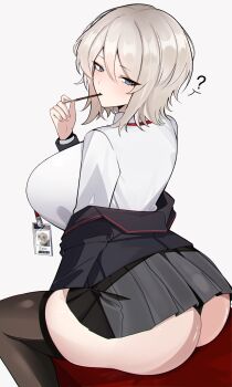 1girl ? ass black_coat black_pantyhose black_thighhighs blue_eyes breasts coat commentary faust_(project_moon) food food_in_mouth from_behind grey_hair grey_skirt highres huge_breasts id_card limbus_company m_ayonessa pantyhose pleated_skirt pocky pocky_in_mouth project_moon school_uniform shirt short_hair simple_background sitting skirt solo thighhighs white_background white_shirt